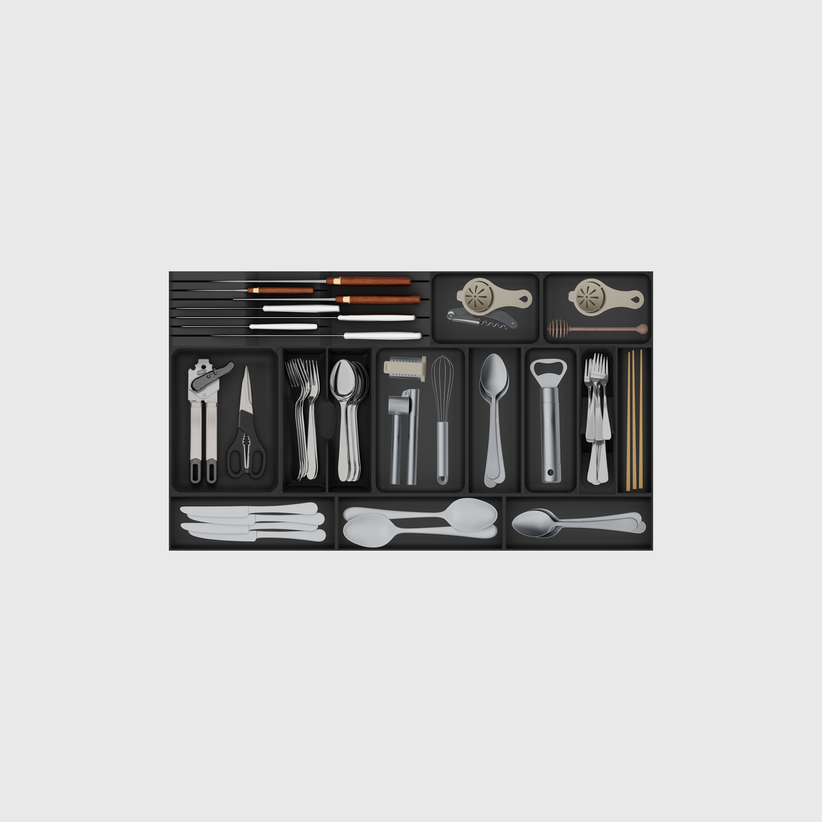 Charcoal Black modular cutlery, chef-knife and kitchen-tool drawer organiser set, 767 × 442.5 mm nominal grid; utensils illustrative.