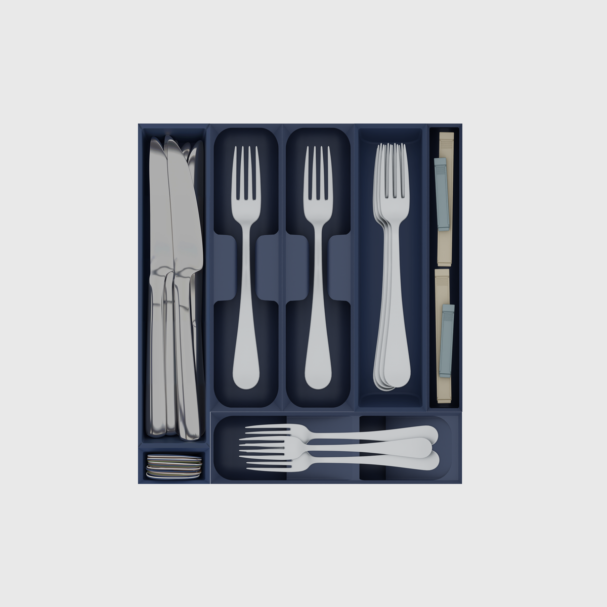 Army Blue compact cutlery drawer organiser set, seven modules in the 295 × 265.5 mm layout