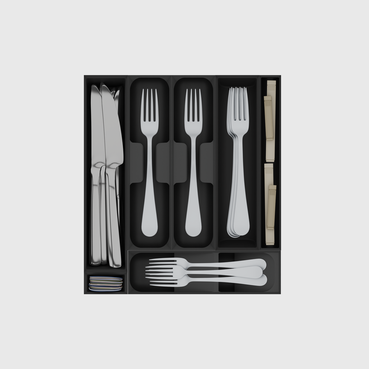Compact cutlery drawer organiser set in Charcoal Black — seven modules in a 295 × 265.5 mm layout, with cutlery and small essentials shown.