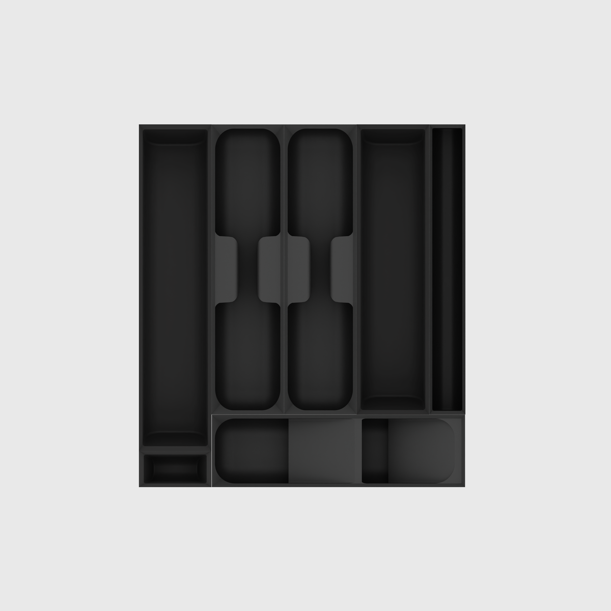 Empty Charcoal Black cutlery drawer organiser set — seven modules showing their tray interiors in a 295 × 265.5 mm layout.