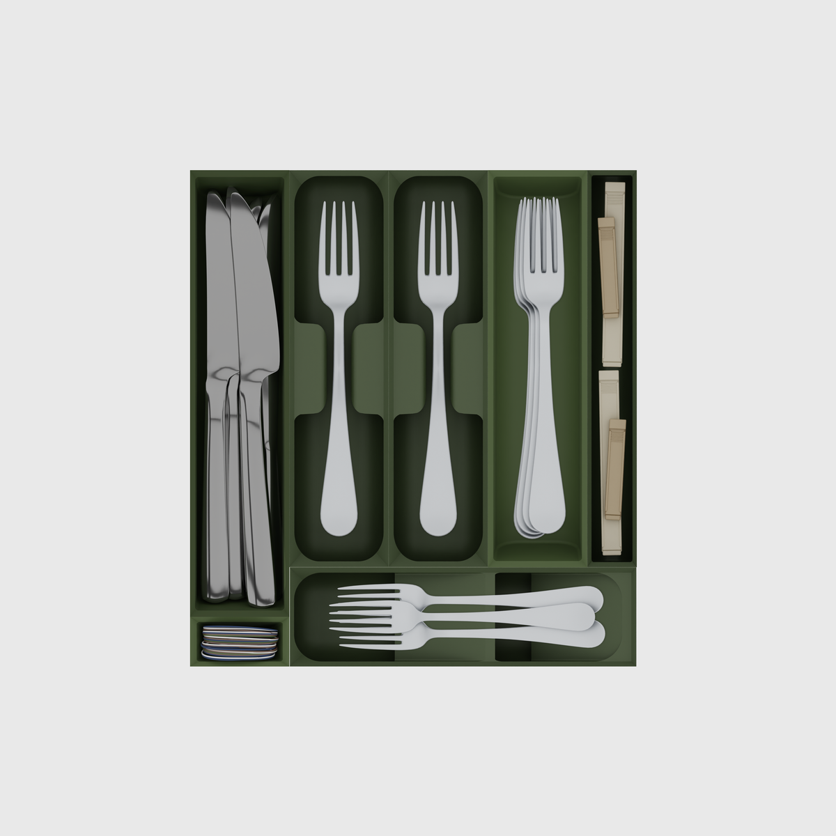 Olive Green compact cutlery drawer organiser set, seven modules in the 295 × 265.5 mm layout