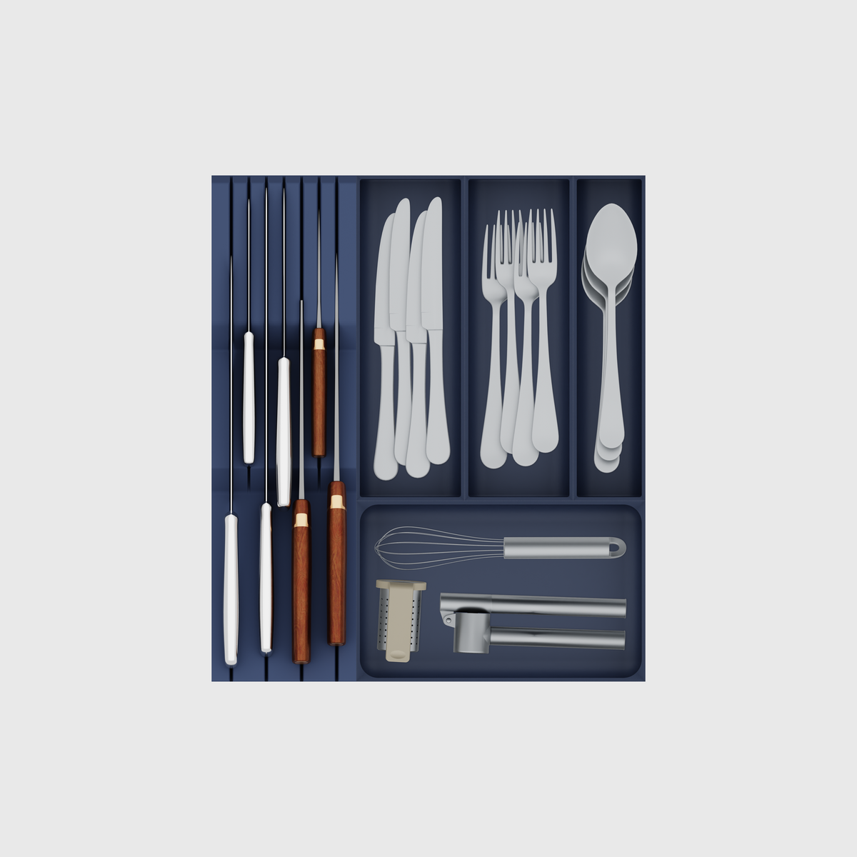 Army Blue five-module cutlery and chef knife drawer set, shown with illustrative utensils