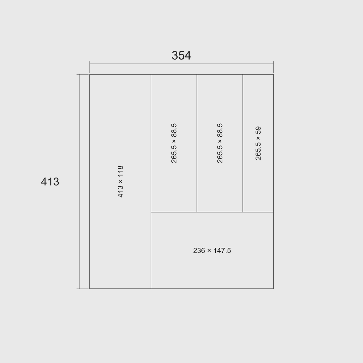 Nominal 354 mm wide by 413 mm deep grid footprint, with the overall size and each whole module length by width in millimetres