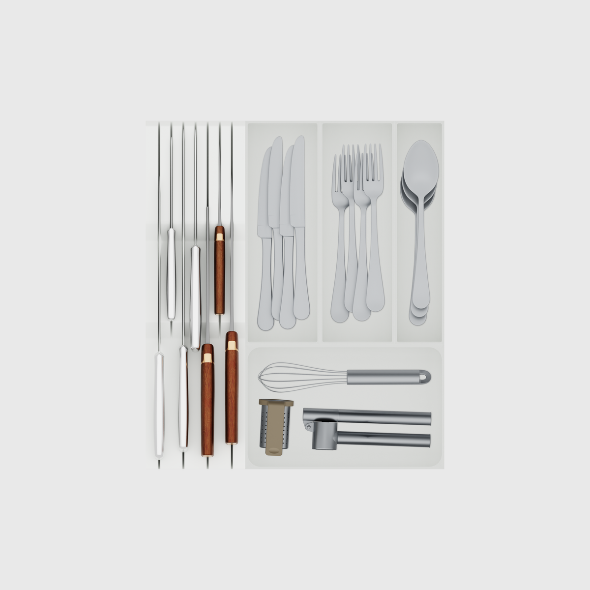 Cotton White five-module cutlery and chef knife drawer set, shown with illustrative utensils
