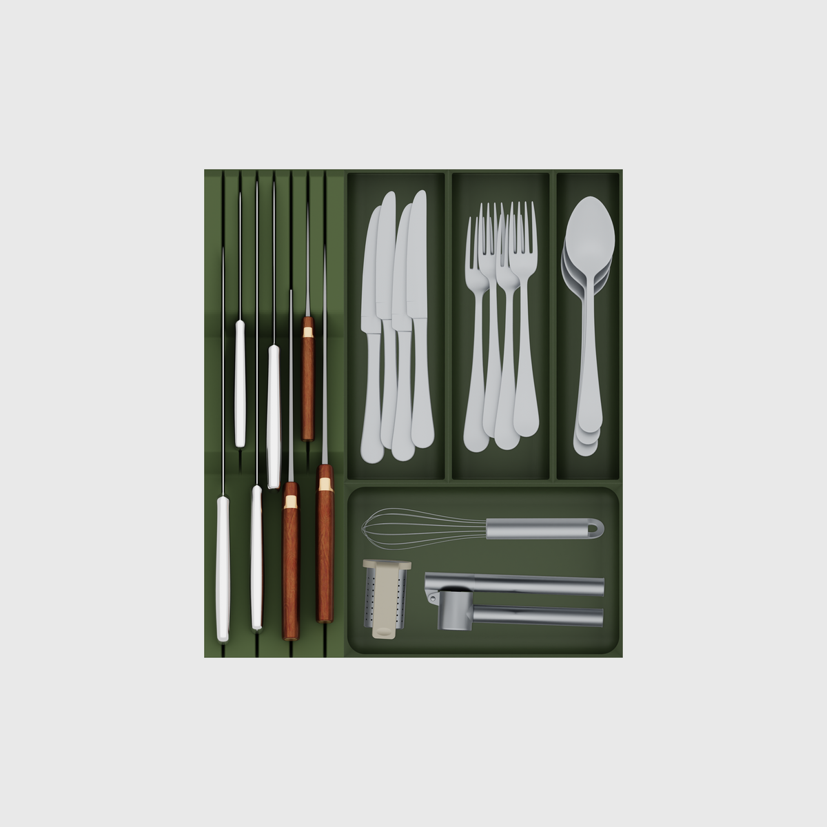 Olive Green five-module cutlery and chef knife drawer set, shown with illustrative utensils
