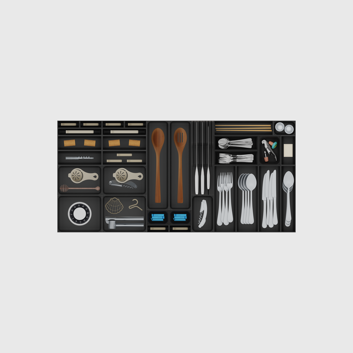 Compact Wide Cutlery & Knives in Charcoal Black, 944 mm wide × 442.5 mm deep. Utensils shown are illustrative and not included.