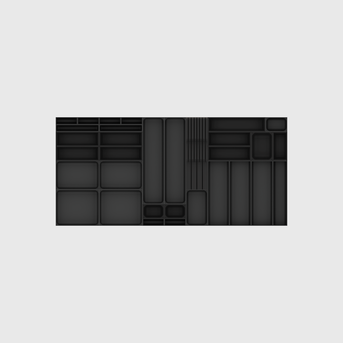 Empty Compact Wide Cutlery & Knives layout in Charcoal Black, 944 mm wide × 442.5 mm deep, showing the organiser modules.
