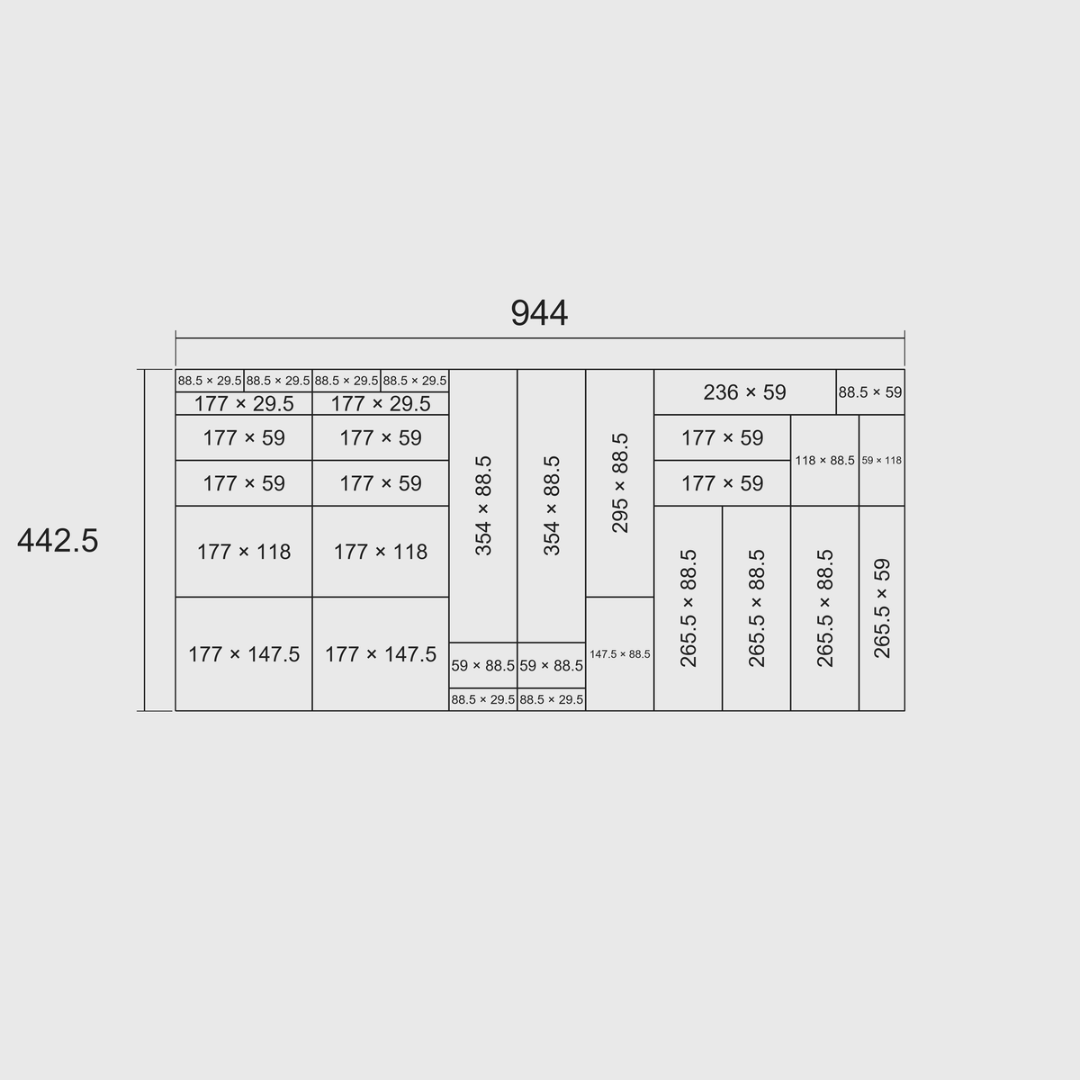 Nominal grid-footprint diagram for Compact Wide Cutlery & Knives: overall 944 mm width × 442.5 mm length, with each whole module’s length × width in millimetres on the 29.5 mm grid.