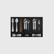 Cutlery & Kitchen Tools Drawer Organiser Set, 295 × 472 mm — Charcoal Black filled example layout