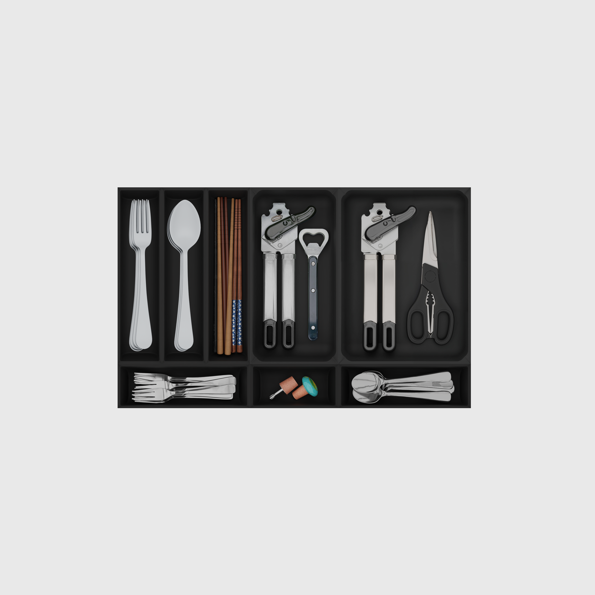 Cutlery & Kitchen Tools Drawer Organiser Set, 295 × 472 mm — Charcoal Black filled example layout