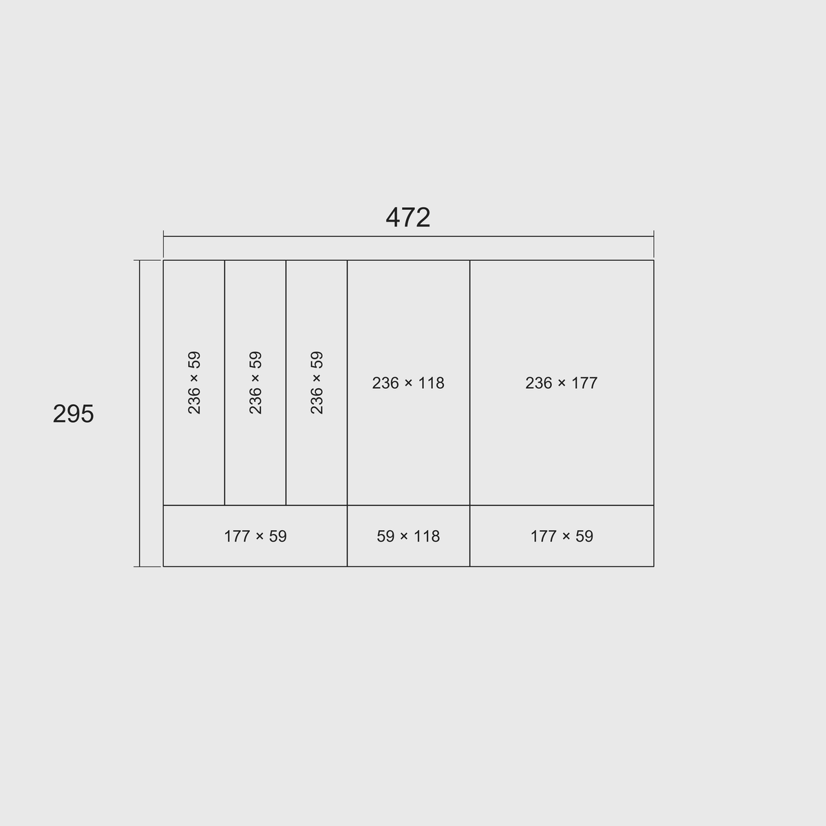 Cutlery & Kitchen Tools Drawer Organiser Set, 295 × 472 mm — nominal grid dimensions of the set and each whole module, in millimetres