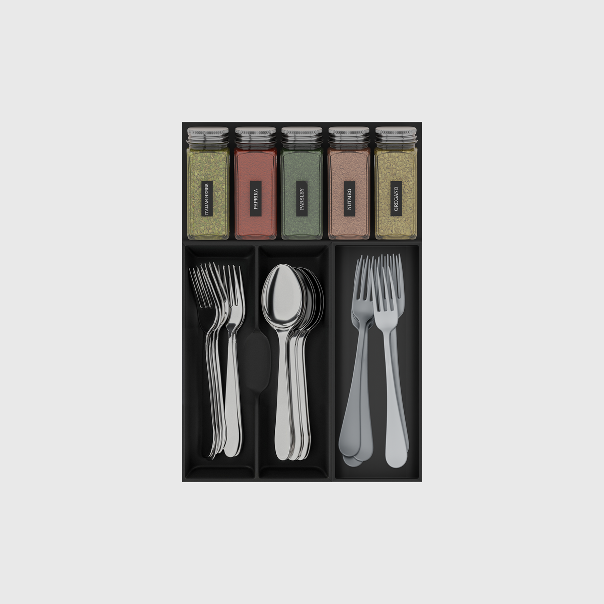 Charcoal Black three-module cutlery and spice drawer organiser on a nominal 354 × 236 mm grid; contents shown for illustration