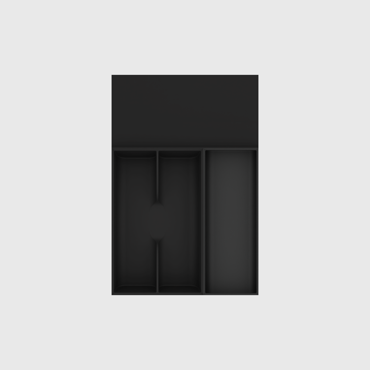 Empty Charcoal Black cutlery and spice drawer organiser with three modules on a nominal 354 × 236 mm grid