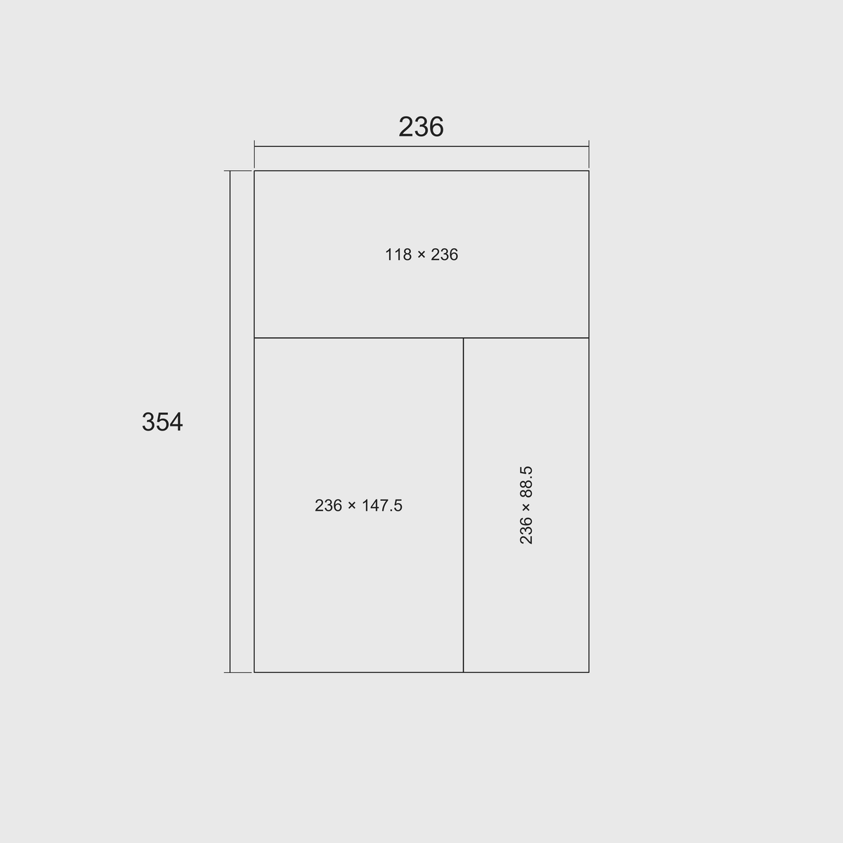 Plain diagram of three whole modules, showing nominal grid length × width in millimetres; overall 236 mm wide × 354 mm deep