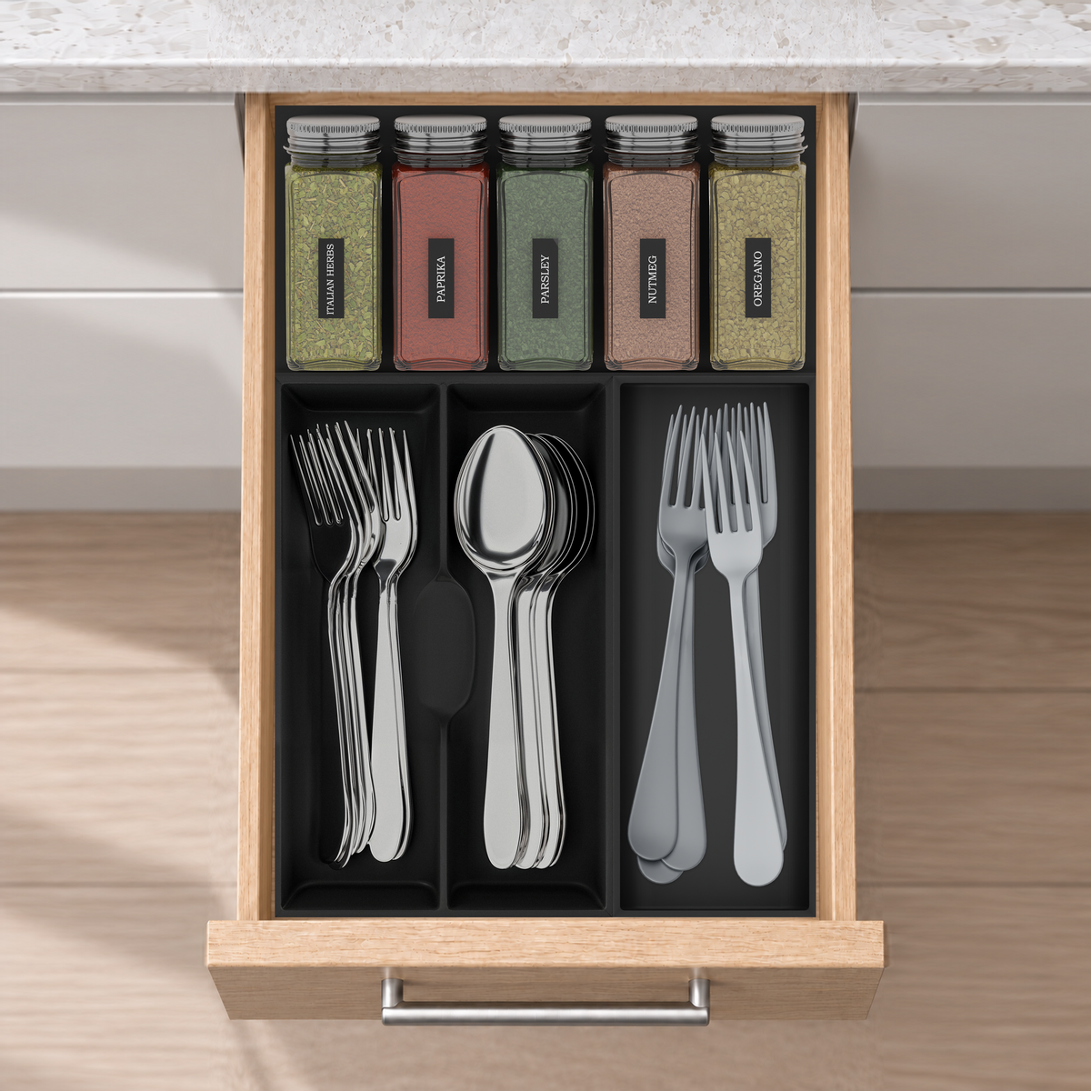 Compact Cutlery & Spice Drawer Organiser Set in Charcoal Black, fitted in an oak drawer under neutral white light. Nominal layout 354 × 236 mm. Accessories shown are not included.