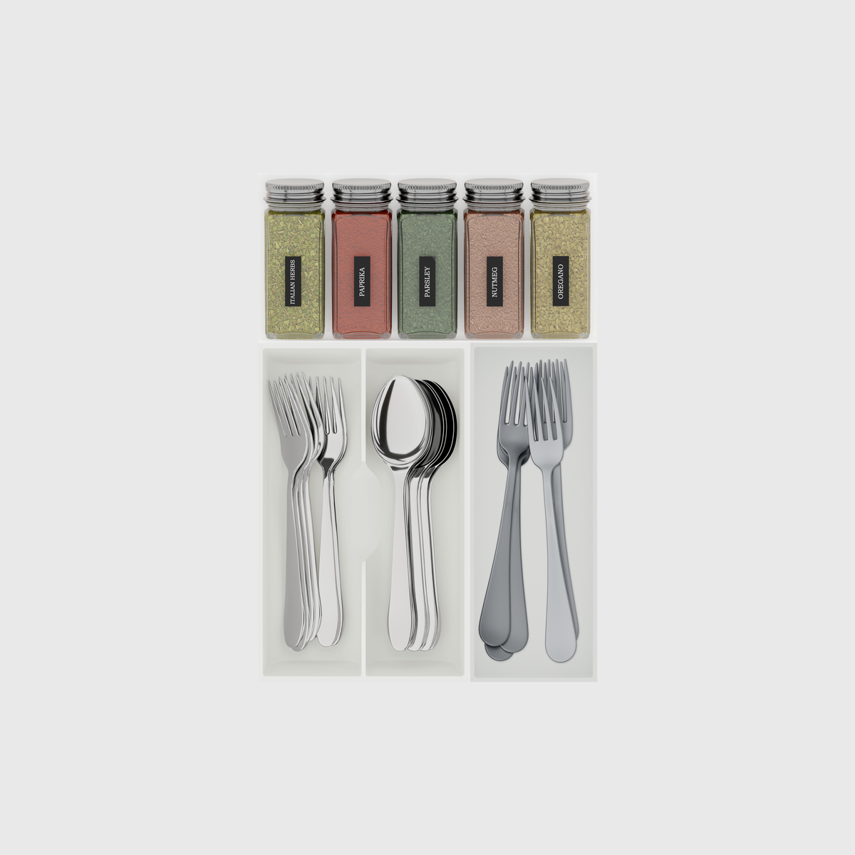 Cotton White three-module cutlery and spice drawer organiser on a nominal 354 × 236 mm grid; contents shown for illustration
