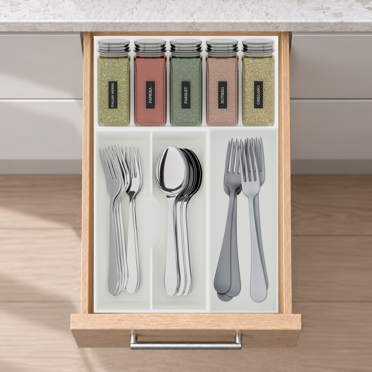 Compact Cutlery & Spice Drawer Organiser Set in Cotton White, fitted in an oak drawer under neutral white light. Nominal layout 354 × 236 mm. Accessories shown are not included.