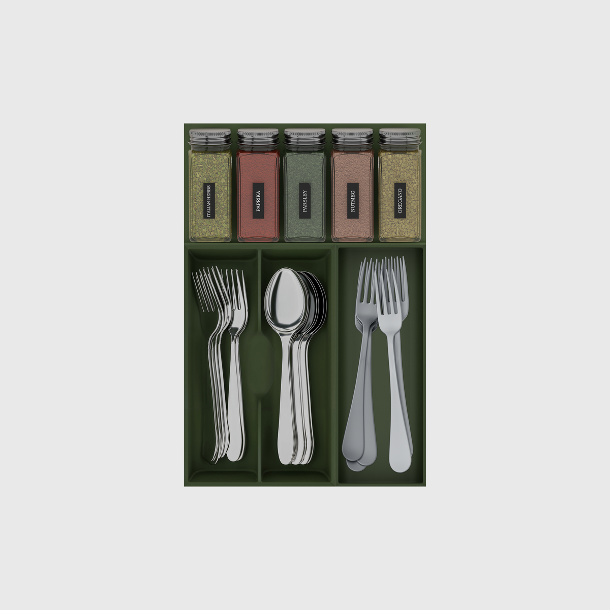 Olive Green three-module cutlery and spice drawer organiser on a nominal 354 × 236 mm grid; contents shown for illustration