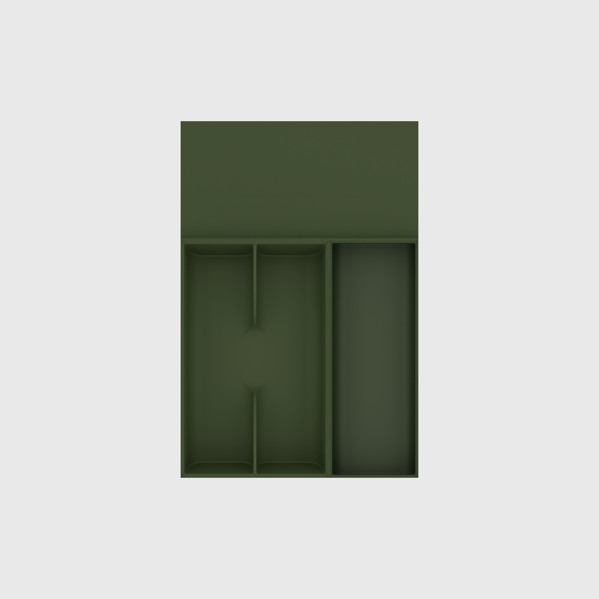 Empty Olive Green cutlery and spice drawer organiser with three modules on a nominal 354 × 236 mm grid