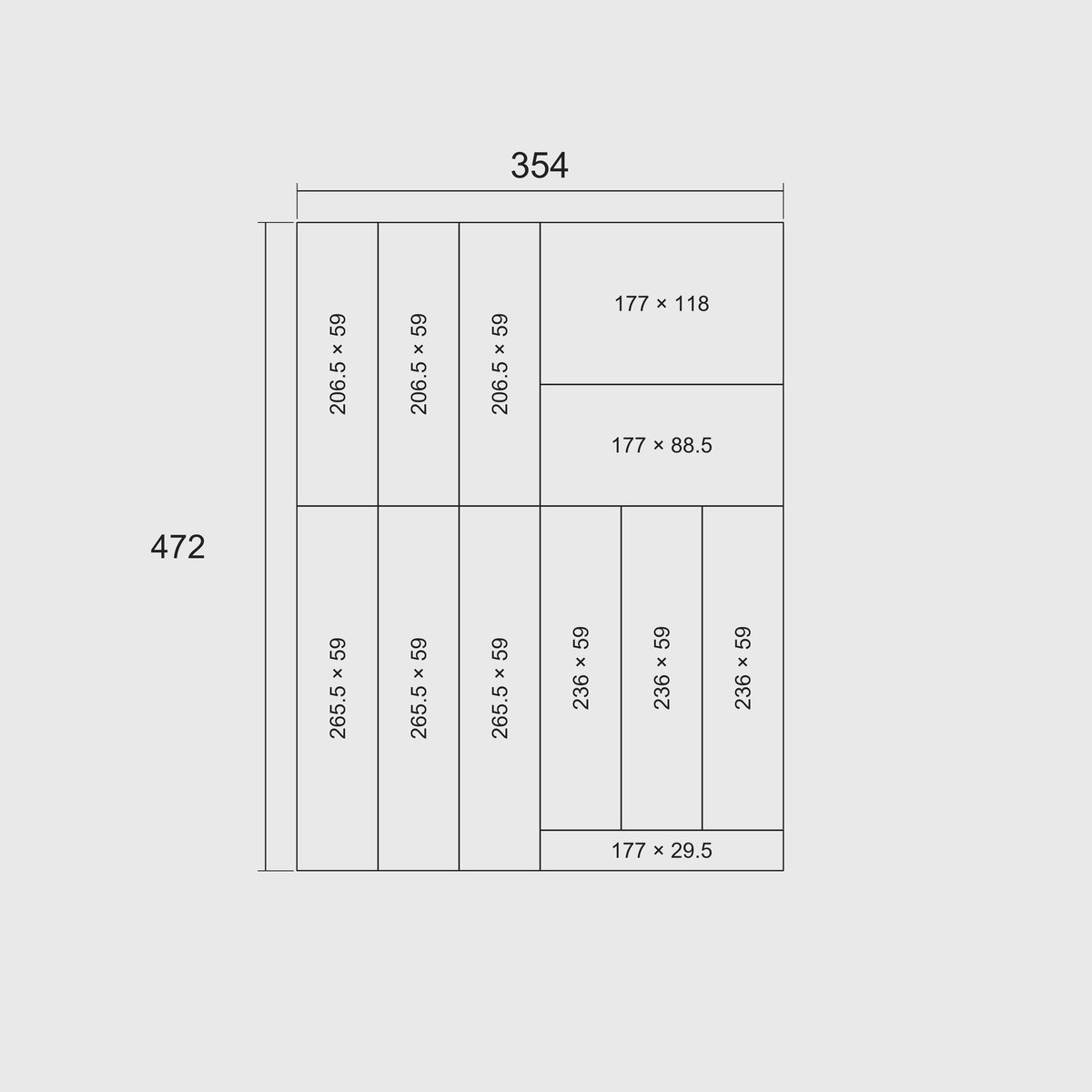 Cutlery & Utensil Drawer Organiser Set, 472 × 354 mm — nominal grid dimensions of the set and each whole module, in millimetres