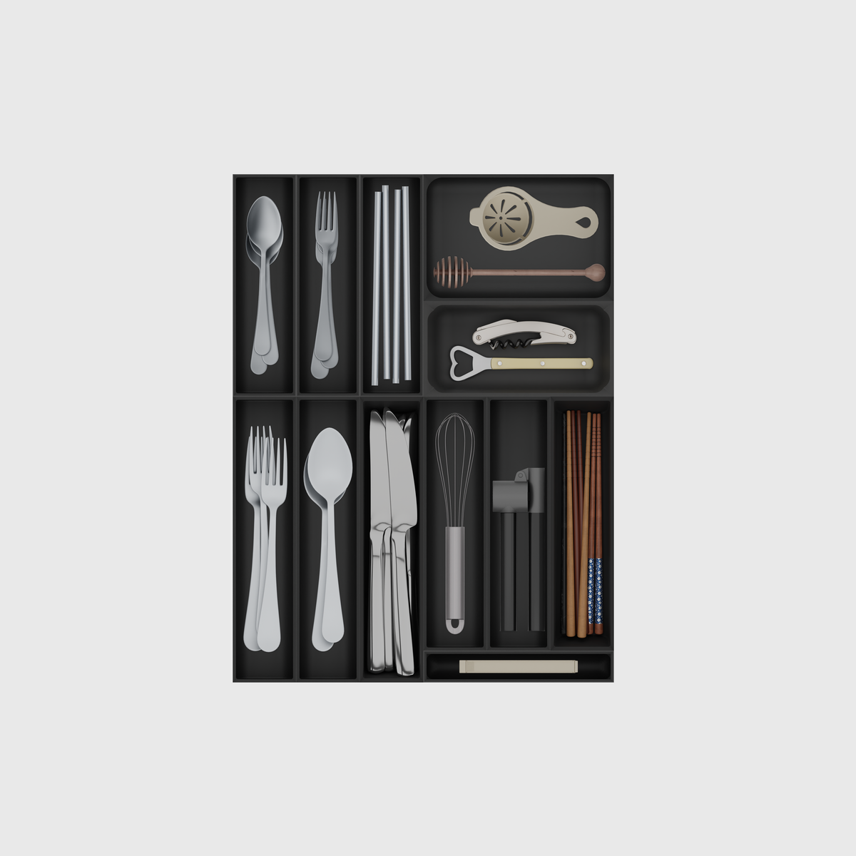 Cutlery & Utensil Drawer Organiser Set, 472 × 354 mm — Charcoal Black filled example layout