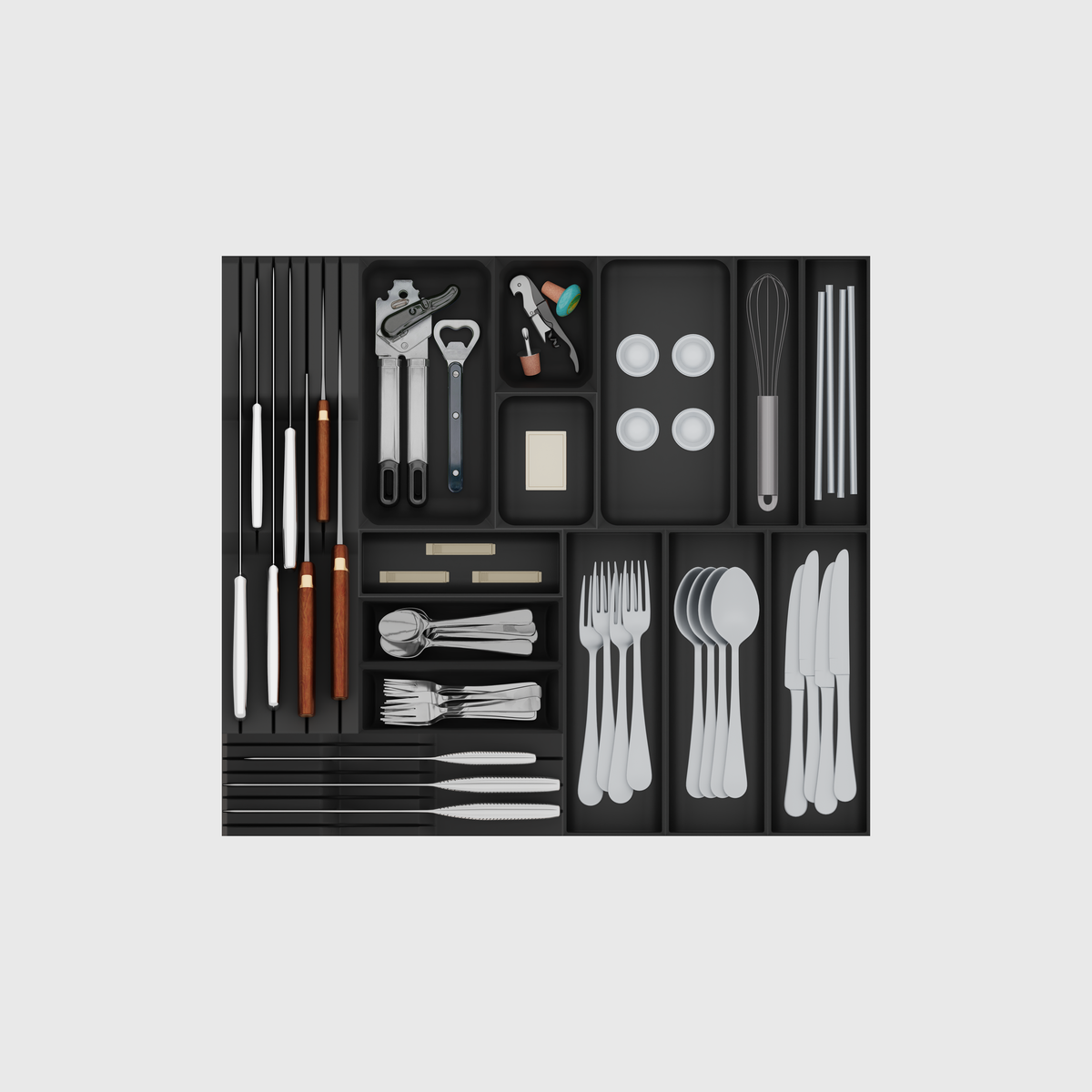 Charcoal Black dual knife and cutlery drawer organiser set; 14 modules, nominal footprint 501.5 × 560.5 mm; utensils are illustrative and not included.