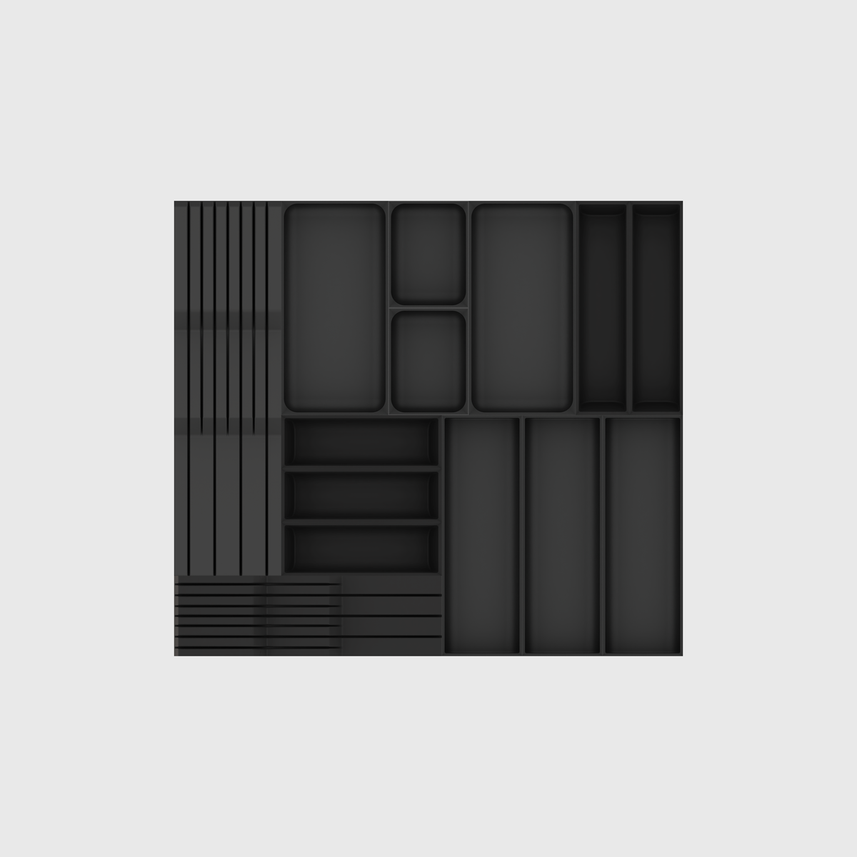 Charcoal Black dual knife and cutlery drawer organiser set without utensils; 14 modules, nominal footprint 501.5 × 560.5 mm.