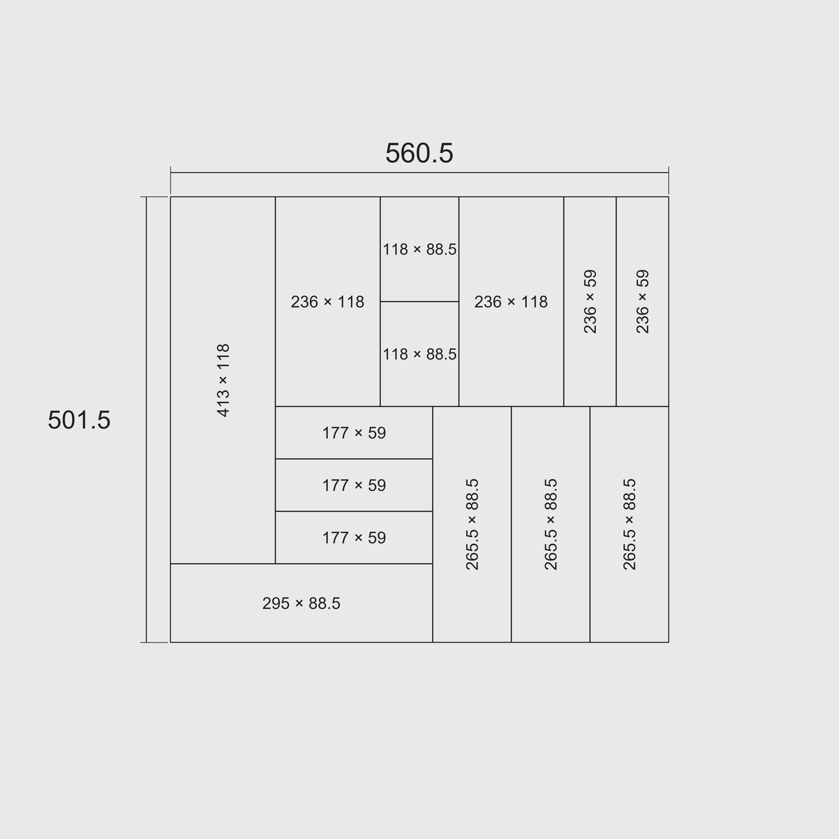 Nominal grid-footprint diagram in millimetres: 501.5 × 560.5 mm overall, with one total length × width label per whole module. External grid sizes, not usable internal dimensions.