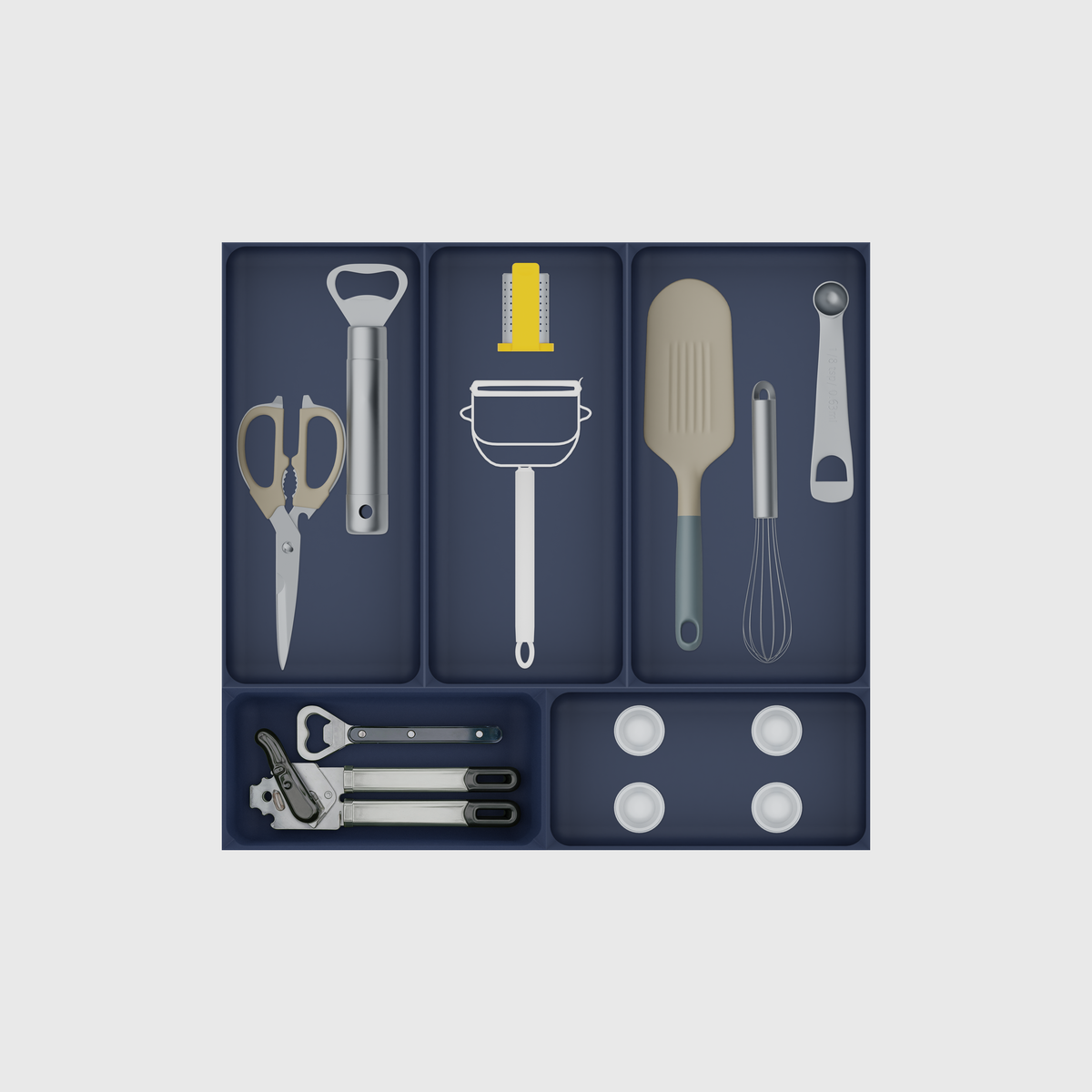 Essentialist Kitchen Tool Drawer Organiser Set – 442.5 × 472 mm — Army Blue filled illustrative layout
