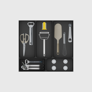 Essentialist Kitchen Tool Drawer Organiser Set – 442.5 × 472 mm — Charcoal Black filled illustrative layout