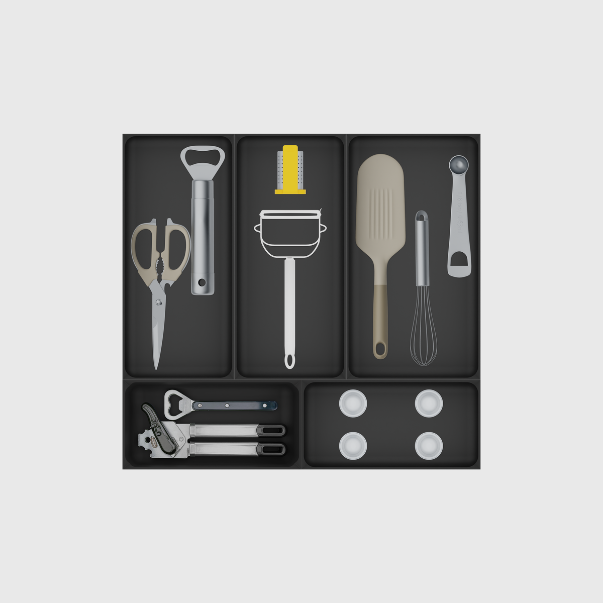 Essentialist Kitchen Tool Drawer Organiser Set – 442.5 × 472 mm — Charcoal Black filled illustrative layout