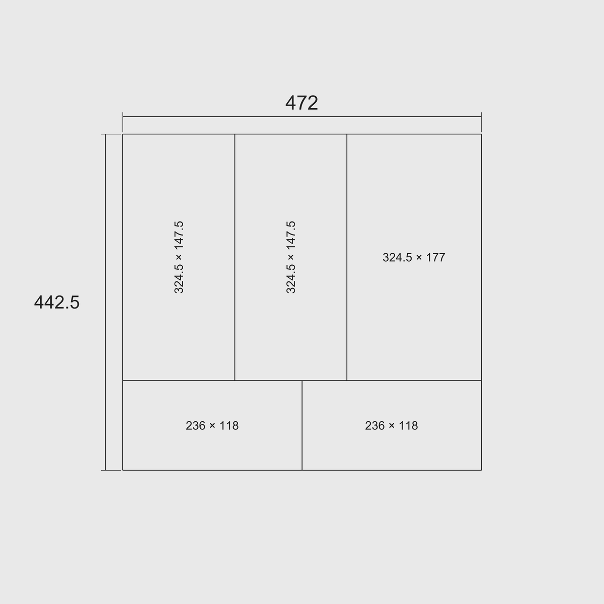 Essentialist Kitchen Tool Drawer Organiser Set – 442.5 × 472 mm — Charcoal Black nominal whole-module grid dimensions in millimetres on a 29.5 mm grid
