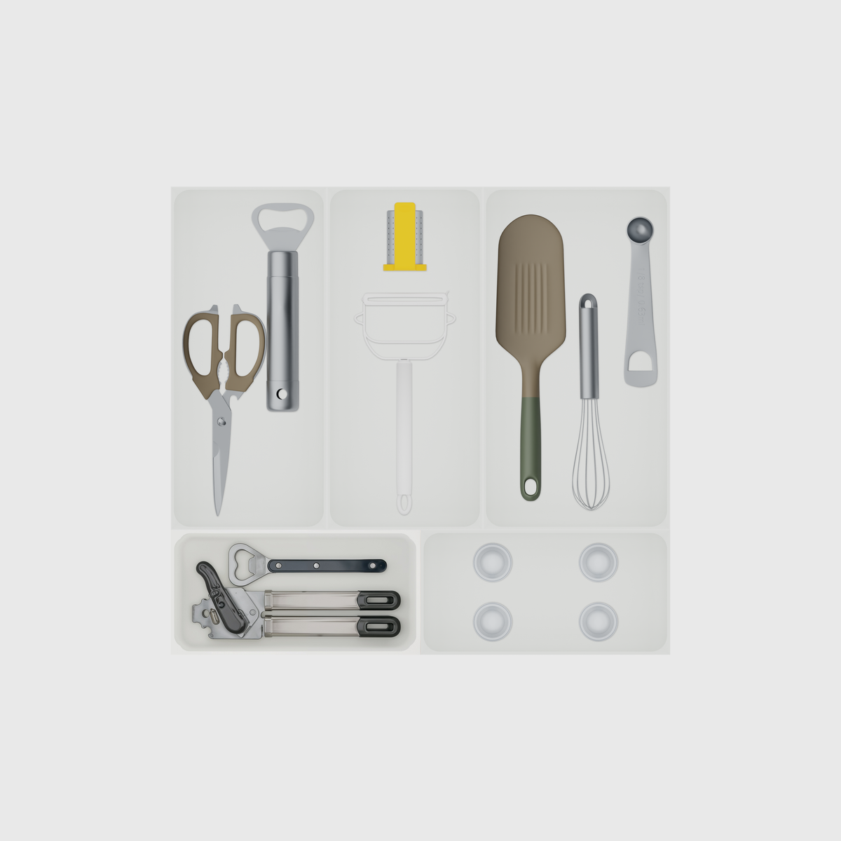 Essentialist Kitchen Tool Drawer Organiser Set – 442.5 × 472 mm — Cotton White filled illustrative layout