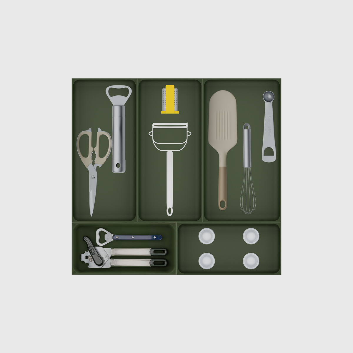Essentialist Kitchen Tool Drawer Organiser Set – 442.5 × 472 mm — Olive Green filled illustrative layout