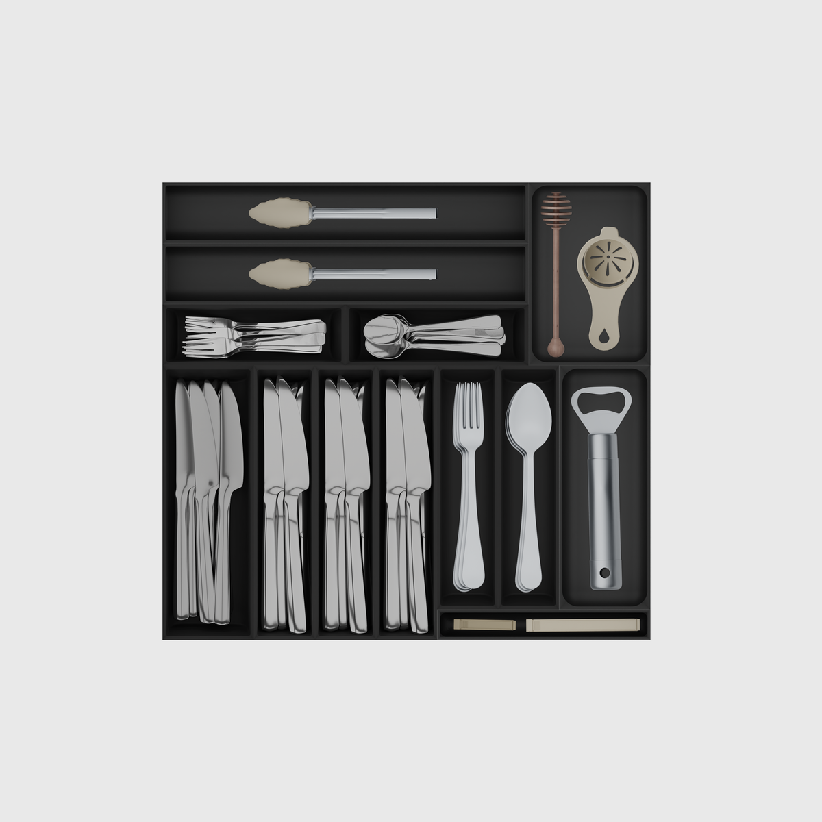 Everyday cutlery drawer organiser set in Charcoal Black, 13 modules in a 442.5 × 472 mm layout; utensils shown for illustration.