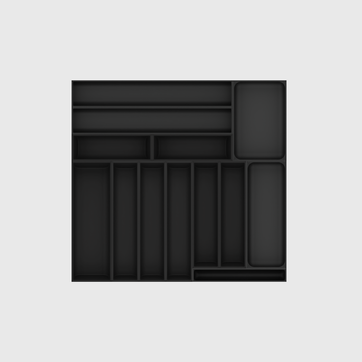 Everyday cutlery drawer organiser set in Charcoal Black, 13 modules in a 442.5 × 472 mm layout; empty modules.