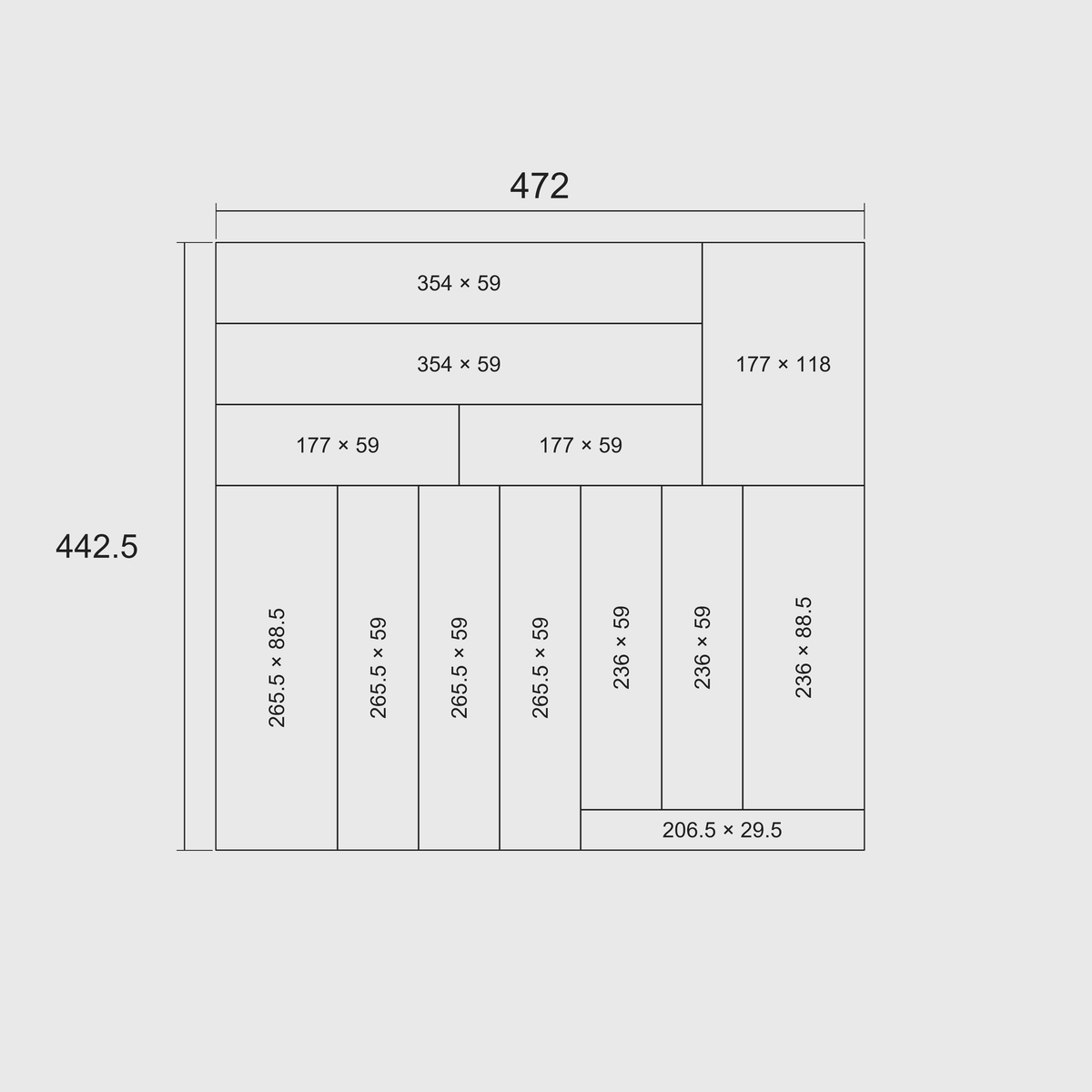 Nominal grid-footprint plan in millimetres: 442.5 × 472 mm overall, with the whole length × width of each of the 13 modules on a 29.5 mm grid. Labels are external grid footprints, not usable utensil space.