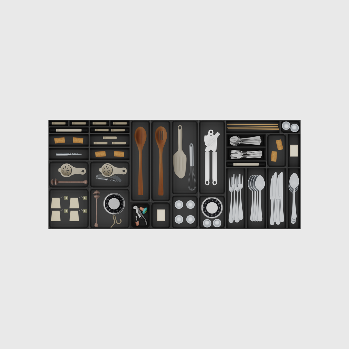 Extra-Wide Cutlery & Kitchen Tools in Charcoal Black, 1091.5 mm wide × 472 mm deep. Utensils shown are illustrative and not included.