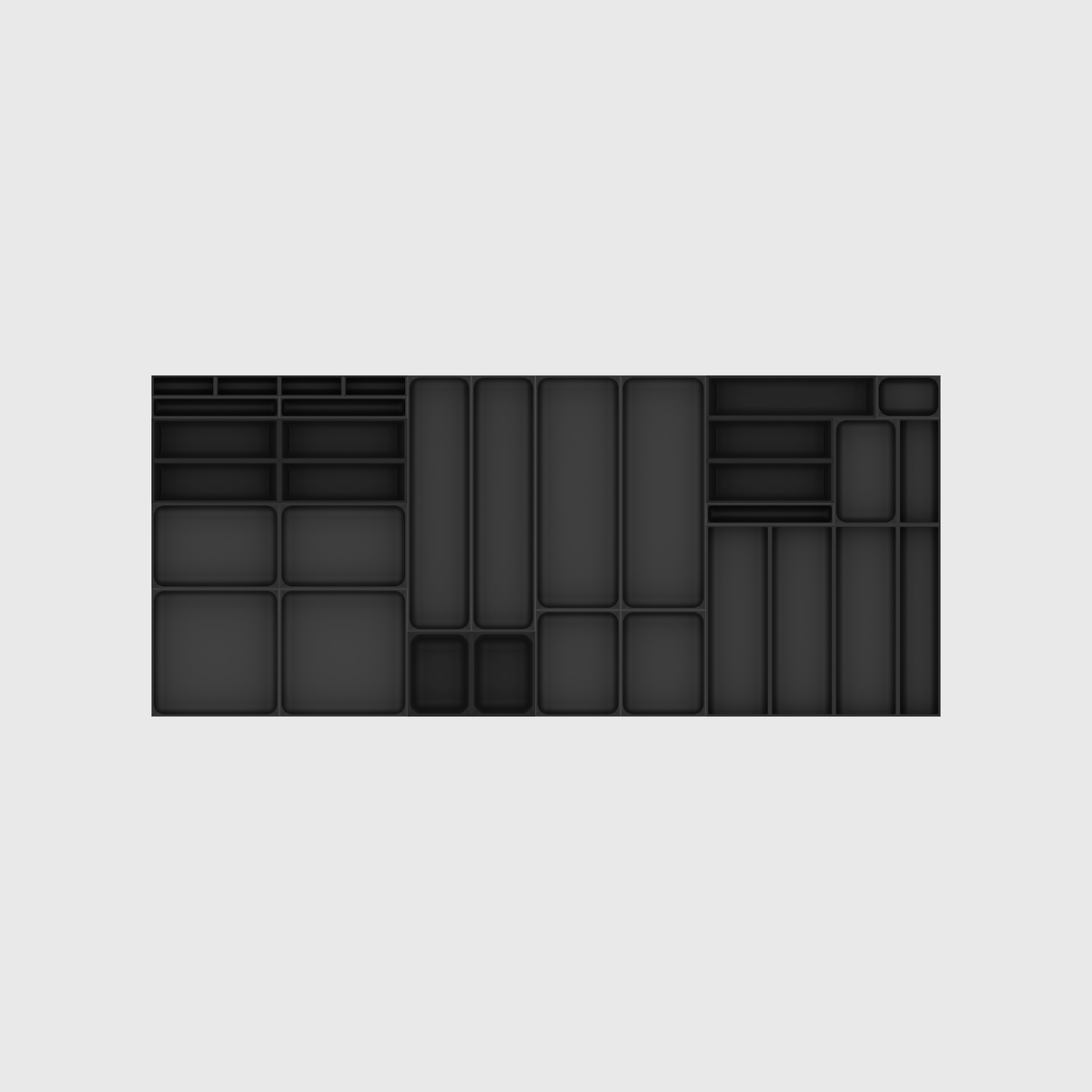 Empty Extra-Wide Cutlery & Kitchen Tools layout in Charcoal Black, 1091.5 mm wide × 472 mm deep, showing the organiser modules.