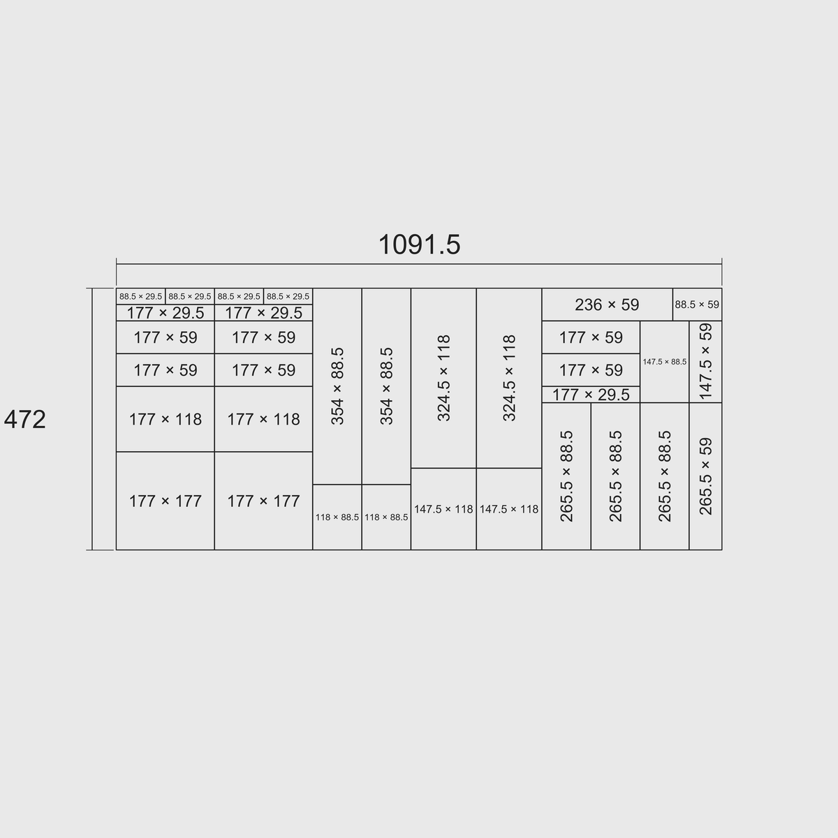 Nominal grid-footprint diagram for Extra-Wide Cutlery & Kitchen Tools: overall 1091.5 mm width × 472 mm length, with each whole module’s length × width in millimetres on the 29.5 mm grid.