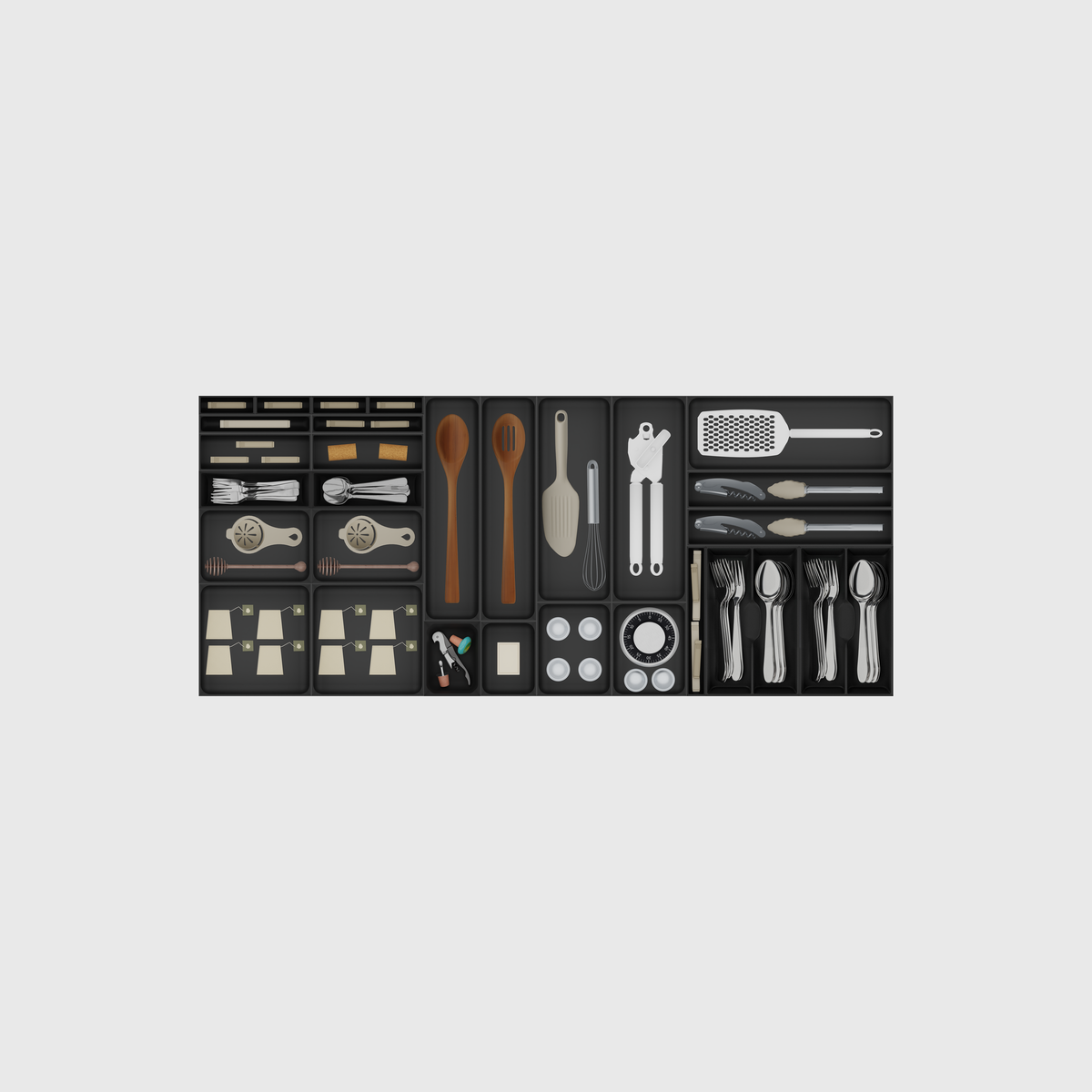 Charcoal Black extra-wide kitchen drawer organiser set; 28 modules, nominal footprint 472 × 1091.5 mm; utensils are illustrative and not included.