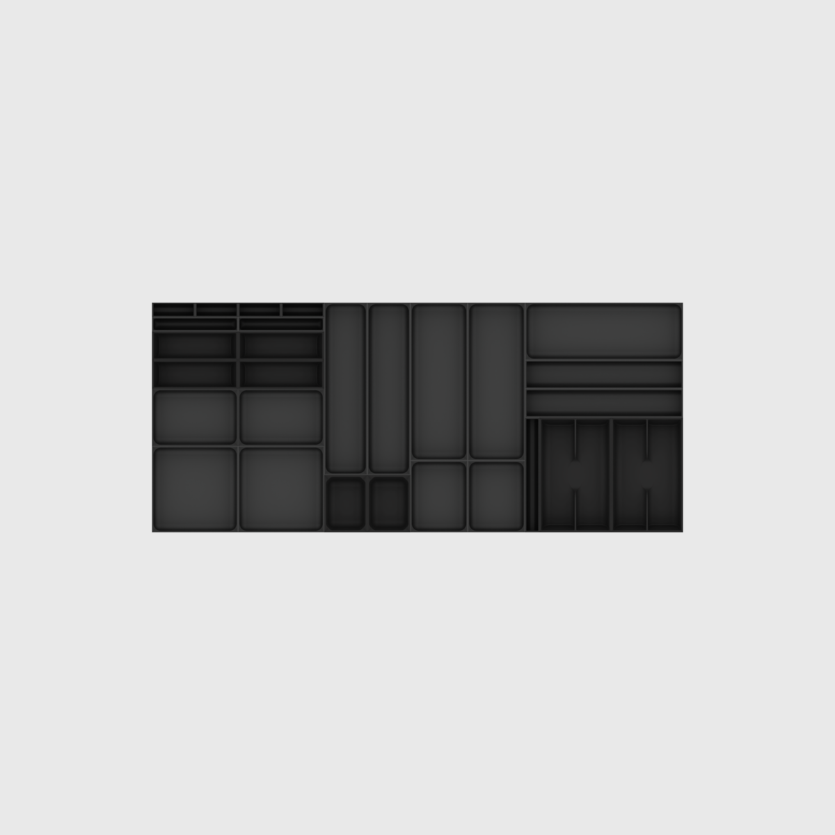 Charcoal Black extra-wide kitchen drawer organiser set without utensils; 28 modules, nominal footprint 472 × 1091.5 mm.