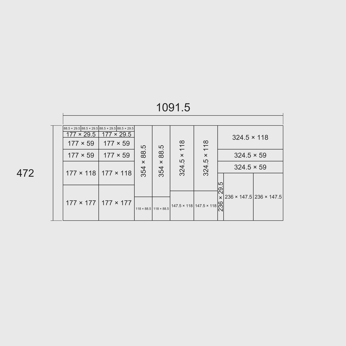 Nominal grid-footprint diagram in millimetres: 472 × 1091.5 mm overall, with one total length × width label per whole module. External grid sizes, not usable internal dimensions.