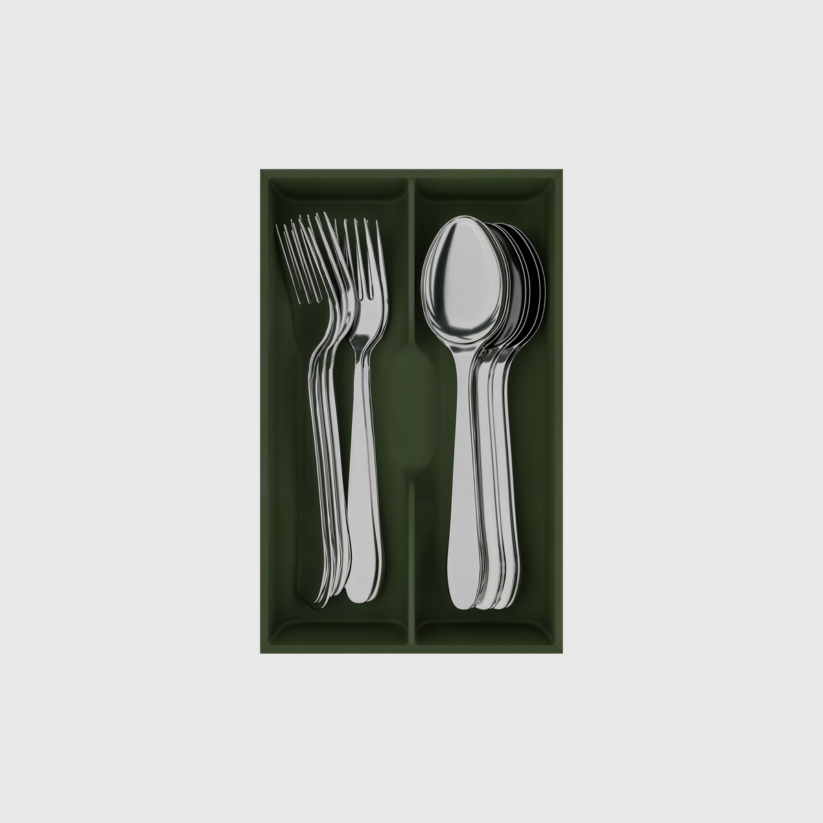 Fork & Spoon Organiser in Olive Green — 8×5 modular drawer organiser, food-safe PLA bioplastic