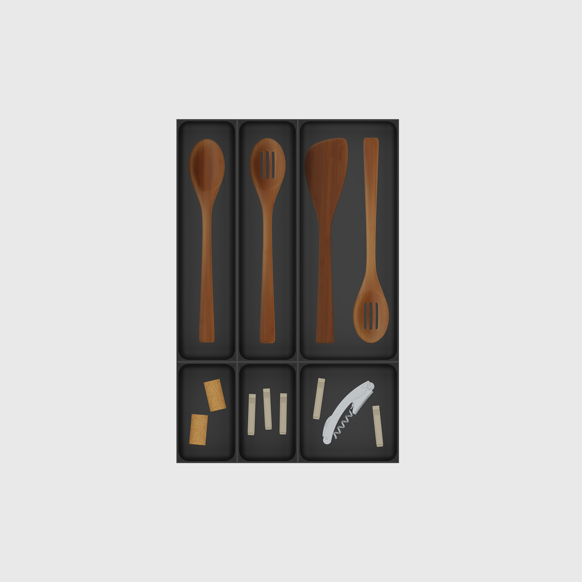 Kitchen Tool Drawer Organiser Set, 501.5 × 324.5 mm — Charcoal Black filled example layout