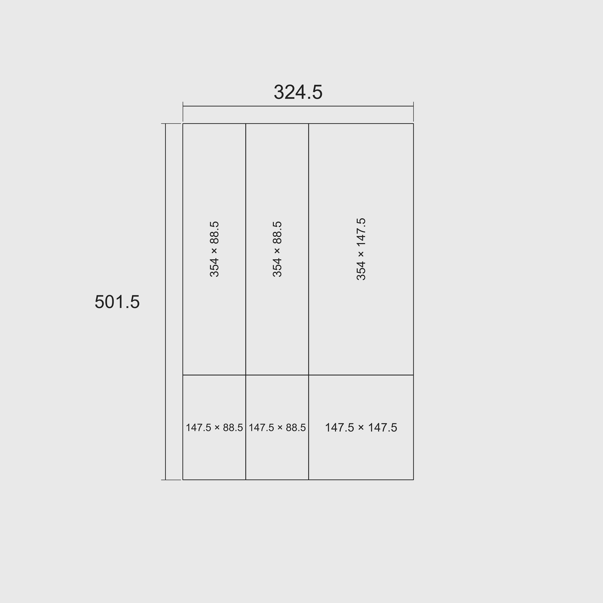 Kitchen Tool Drawer Organiser Set, 501.5 × 324.5 mm — nominal grid dimensions of the set and each whole module, in millimetres