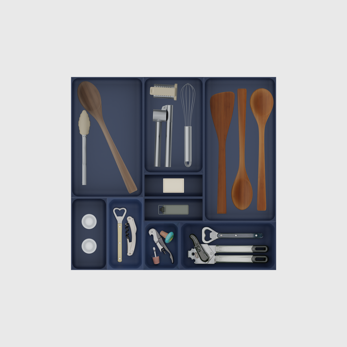 Army Blue large kitchen tool drawer organiser set; 9 modules, nominal footprint 472 × 501.5 mm; utensils are illustrative and not included.