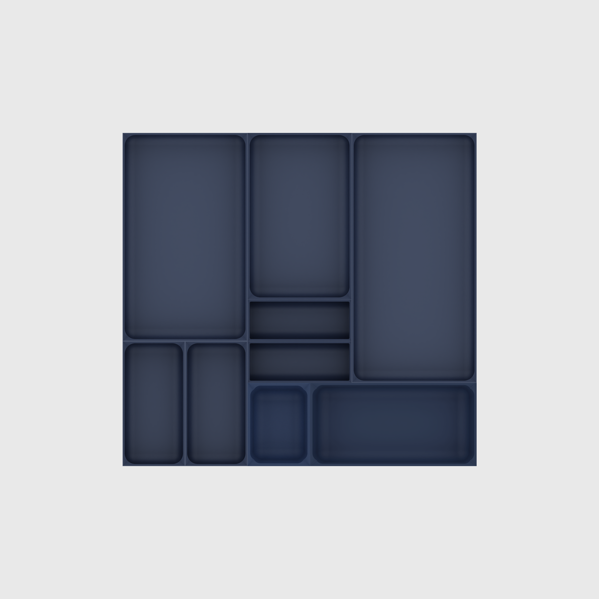 Army Blue large kitchen tool drawer organiser set without utensils; 9 modules, nominal footprint 472 × 501.5 mm.