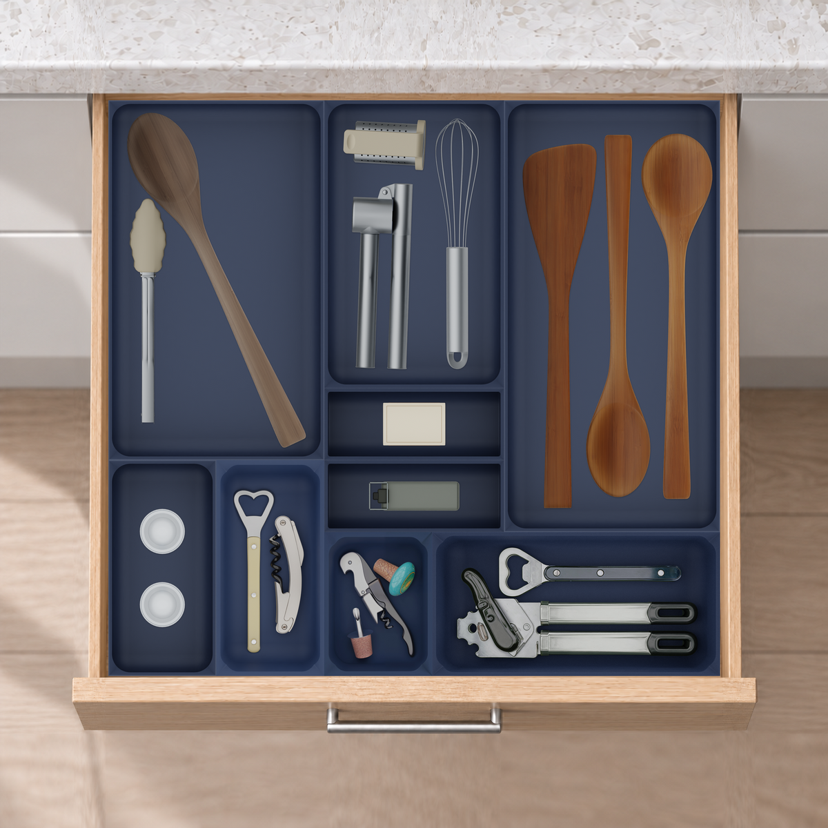 Large Kitchen Tool Drawer Organiser Set in Army Blue, fitted in an oak drawer under neutral white light. Nominal layout 472 × 501.5 mm. Accessories shown are not included.
