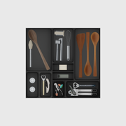 Charcoal Black large kitchen tool drawer organiser set; 9 modules, nominal footprint 472 × 501.5 mm; utensils are illustrative and not included.